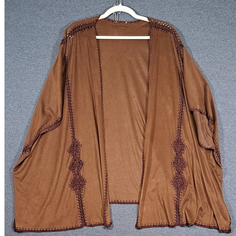 Womens Brown Faux Suede Open Front Kimono Wrap Crochet Lace Trim Boho